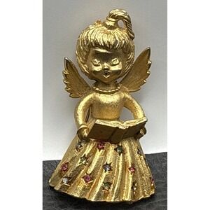 Vintage Mylu Gold Tone Angel Wings Hymn Book Brooch Pin Crystal Rhinestones